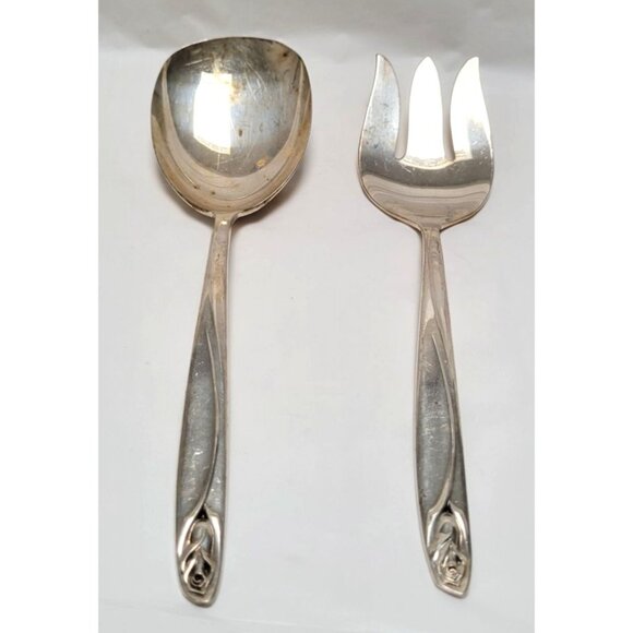 Vintage 1962 International Deep Silver 9" Serving Spoon & Fork Anniversary Rose - Picture 1 of 8